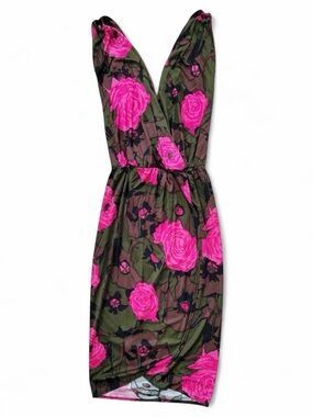 Trina Turk Olive & Hot Pink Backless Floral Deep Plunge NeckMock Wrap Dress
